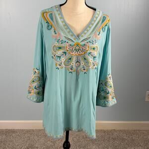 Soft Surroundings Embroidered Viscose Tunic New with tag Aquamarine Boho 1X Plus